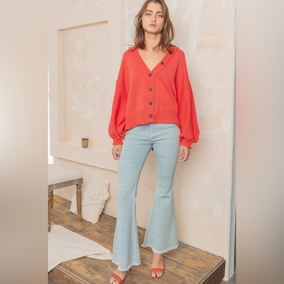 POL Candy Apple Dropped Shoulder Button Down Hacci Relaxed Fit Pullover Cardigan - Picture 6 of 10